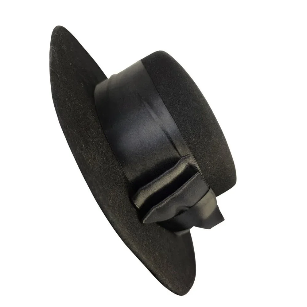 Vintage Black Wool Felt Hat Flat Crown Ribbon Band Formal Dress Hat USA 70s-90s